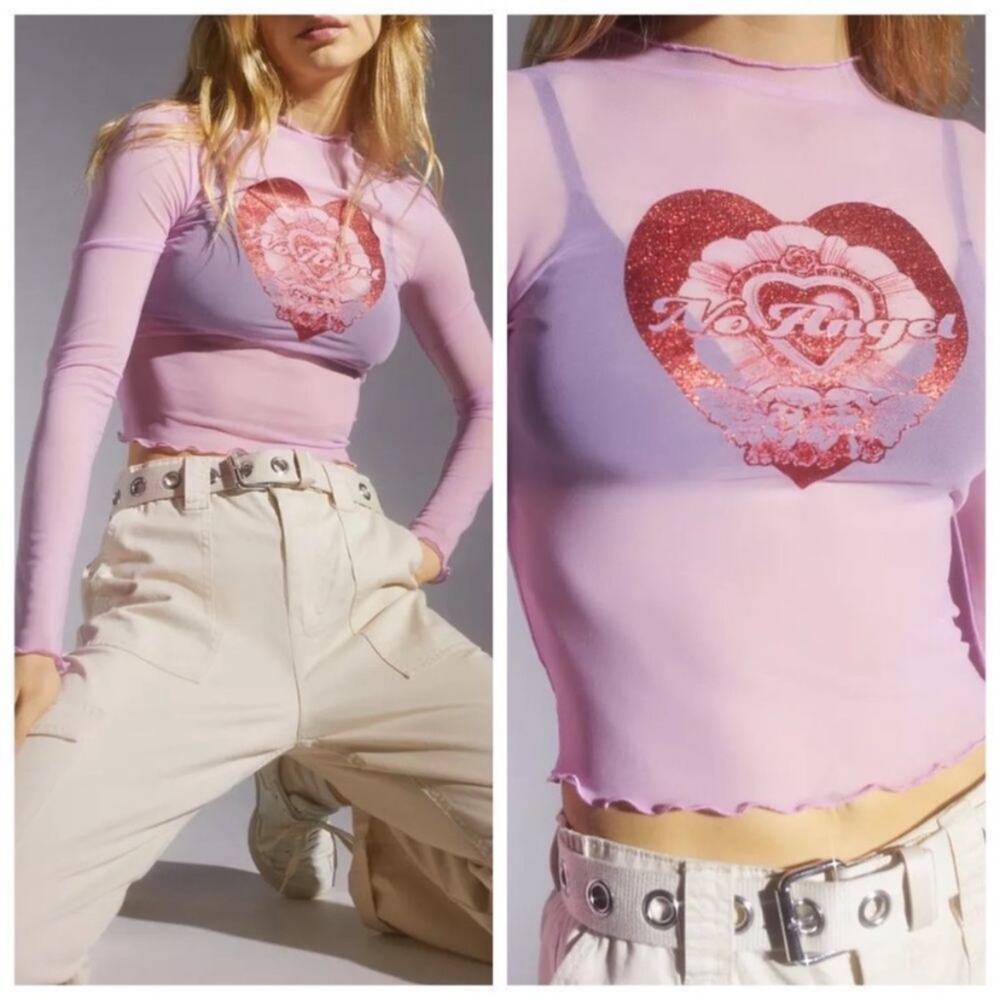 Urban Outfitters Teagan Pink No Angel Glitter Sheer Mesh Tee Cropped Medium NWT
